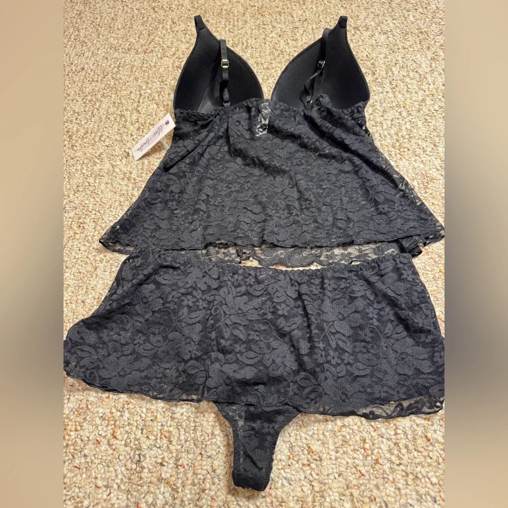 NWT Lingerie Set Lilac+London Stretch Lace Cami And Skirted Panty Black Size L